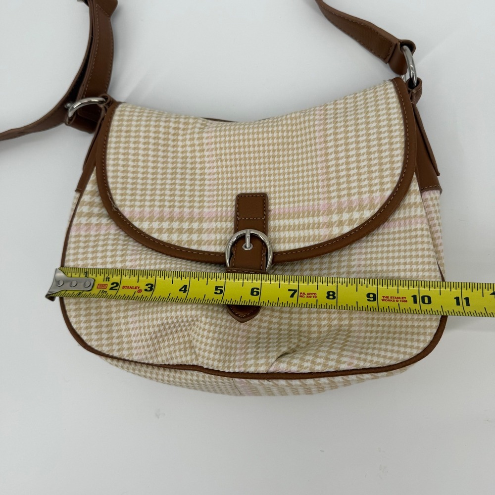 Y2K Satchel Houndstooth Crossbody Bag Brown Trim Pink Lining Adjustable Strap - Picture 6 of 8